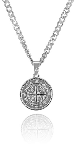 JVillion Kompass Halskette Herren 4mm Cuban Kette Silber Streetwear Schmuck Nordstern wasserfestes Design Geschenk Männer