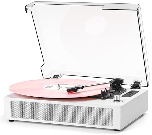 Vinyl Records Player Bluetooth with Bulit-in Speaker Vintage Record Player with USB Recording EQ Mode Support Belt-Driven 3-Speed Turntable AUX-in RCA Out, White