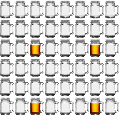 eispap Mini Mason Jar with Handles,1.7oz/50ml,Premium Shot Glasses with Leakproof Lids for Drink,Dessert,Condiments,Jams,Candle,Craft (48)