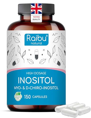 Inositol Raibu, Myo Inositol & D-Chiro - 150 Cápsulas, 2120mg por Dosis Diaria - Para PCOS, Equilibrio Hormonal, Con Vitamina B6, Ácido Fólico y Cromo - Vegano y Sin Aditivos