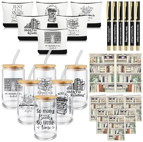 Yetene 24 Pcs Books Club Gifts Book Lovers Gifts for Women Blind Date with a Read Include 16 oz Glass Cup Canvas Makeup Bag Ballpoint Pen Card for Librarian Reader Bookish Teacher