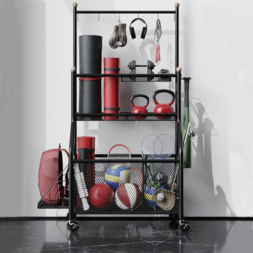 WUGCHDA Home Gym Storage Rack, Yoga Mat Weight Rack with Lockable Wheels & Adjustable Hooks Weight Stand for Dumbbells, Yoga Mat Storage, Home Exercise, Fitness Gear (Black)