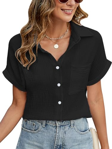 PASUDA Chemisier pour Femme Chemise Élégante à Manches Courtes avec Col en V Chic Chemise Boutons en Coton Lâches Hauts Décontractés de T-Shirt Blouses (Noir, L)