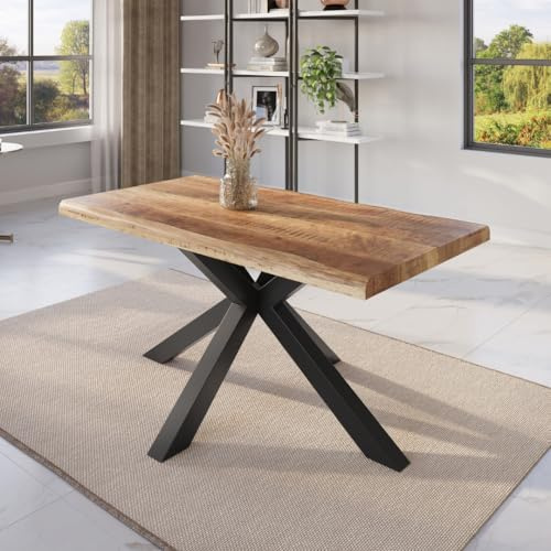trelevo Esszimmertisch 140x80 cm Mango massiv Spider-Gestell Baumkante | Mangoholz, Tischplatte Natur/rau, schwarz, Baumkantentisch