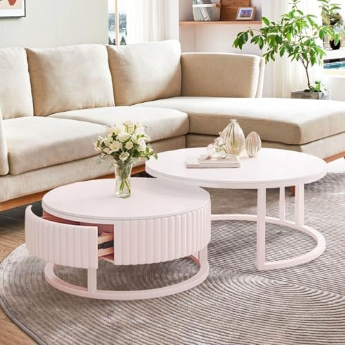 SeraphicCharm Ronde Table Basse Marbre Blanche Table Gigogne Lot De 2 Table Basse Salon Moderne Design avec Tiroir De Rangement en Bois Table De Salon Extensible Table De Salon Basse Blanc Laqué