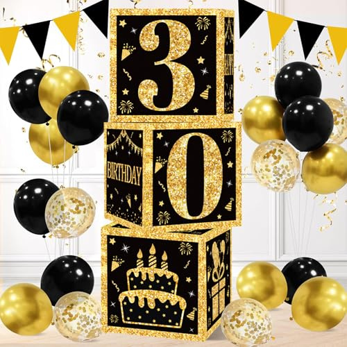QIFU 30th Birthday Decorations for Him - 3pcs 30th Birthday Boxes Men Women | Black and Gold Box, 30 Birthdays Party Decoration Black Gold Table Centrepiece Party Supplies for Him Men Women(30 Year Old)