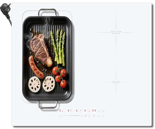 Plaque Induction Blanc 4 Feux avec Prise, Cooksir Plaque de Cuisson Induction Encastrable, 60CM, 3500W, Tactile Slider, Pause, Minuterie de 99 Minutes, Fonction Boost, Blanche, 230V