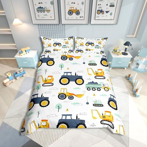 ZZTBQ Baufahrzeuge Kinderbettwäsche 135x200 cm Cartoon-Ausrüstung 2-teiliges Set mit Kissenbezug 80x80 cm Lastwagen, Bagger 100% Mikrofaser Bettwäsche 135x200 Kinder