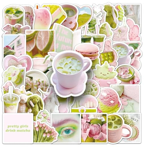 50 Pcs Green Aesthetics Stickers Laptop Car Scrapbook Phone Skateboard Suitcase Luggage Bike Vinyl Waterproof Aesthetic Personalised Stickers for Teens Boys Girls Adults