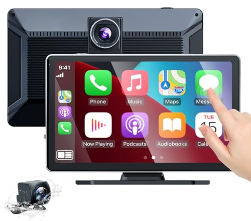 Wireless Car Stereo,9 Inch CarPlay Screen for Apple Car Play & Android Auto,Portable Touch Wireless Car Play Screen Mirror Link Music Video Player, with 4K Front+Rear 1080P Dual Camera Dash Cam