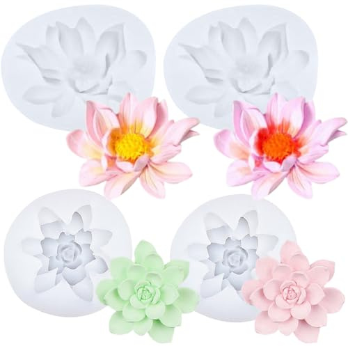 4 Pcs Lotus Mold LotusSilicone Molds 3D Fondant Cake Flower Resin Soap Ice Cube Mold Cupcake Topper Decoration for Baking Resin Concrete Casting Polymer Clay Craft