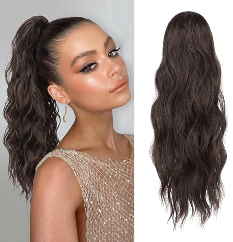 XFSRG 45cm Capelli Mossi Vaporosa Parrucca Donna Capelli Finti Per Acconciature Extension Coda Parrucca Con Banda Elastica Ponytail Naturale Regali Per Donna(Marrone Scuro)