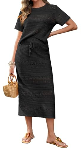 Tankaneo Set 2 pezzi da donna all'uncinetto, copricostume e gonna, top a maniche corte in maglia, gonna midi, outfit per vacanze e viaggi, nero, S
