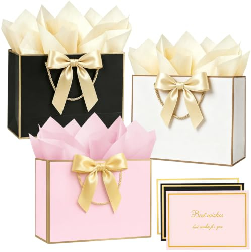 3 Stück mittelgroße Geschenktaschen für Präsente 20 x 10 x 28 cm, gemischte mittelgroße Geschenktüten mit Griff, 6 Seidenpapiere und 3 Karten, Schleifenbänder, Partytaschen für Geburtstag