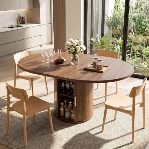 110-150cm Extendable Round Dining Table for 4-6 People with Storage Cabinet