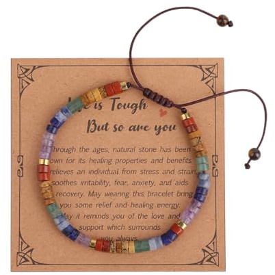 Armband av Natursten, Färgglatt 7 Chakra Armband Uppmuntrande Pärlberlock med Kort för Kvinnor Meditation Lugn och Komfort