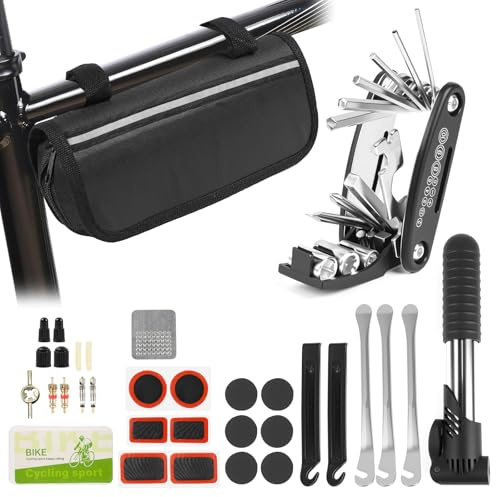 OTUAYAUTO Fahrrad Reparaturset 16-in-1-Multifunktionswerkzeug mit Wasserdichtem Deckel Mini-Pumpe 12 Reifenflicken mit Kleber Praktische Aufbewahrung Fahrrad Zubehör,für Mountainbike Rennrad Travel