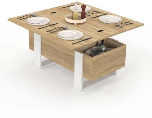 IDMarket – Mesa baja con bandeja elevable rectangular convertible en mesa de comedor Phoenix 97,5 cm madera y blanco