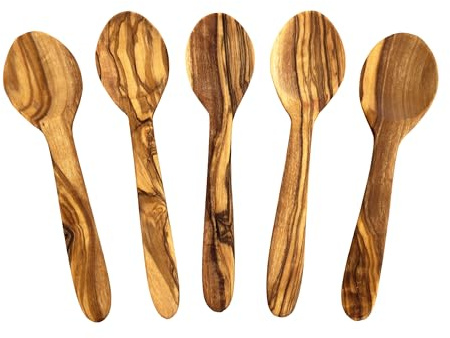 Cuillère Piccolo 12 cm plate en bois d'olivier - Cuillères à café faites à la main | Durable, naturel & durable 1 lot de 5 cuillères