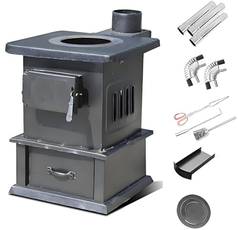 Poêle a Bois en Acier Renforcé Poêles Portable en Fonte pour Chauffage Intérieur et Camping Extérieur, Chauffe Rapide et Cuisson Multifonction