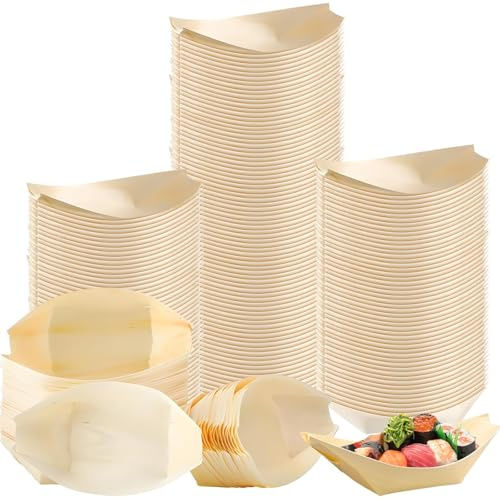 XJGQZ 500 Pack Wooden Boat Plates, 11cm Disposable Canape Serving Dishes | Machine-Pressed; Ultrasonic Bonding; Sturdy Shape; No Washing Needed; Great for Sushi, BBQ Snacks, Desserts and Hot Dogs