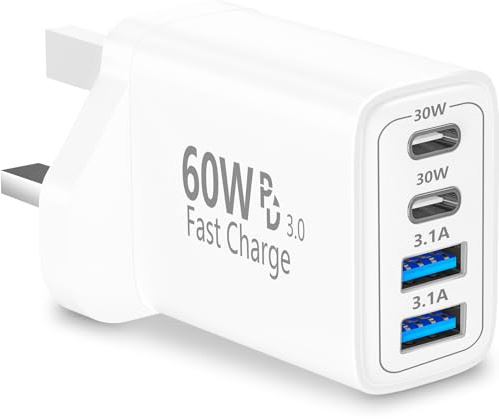 Rombica USB C Plug Fast Charge 60W 4-Port PD&QC Multi USB C Charger Plug UK | Dual Port Dynamic Power Adapter Type C Wall Charging USB-A Charger for iPhone 17 16 15 14 13 12 11 Pro XS XR, Samsung, iPad
