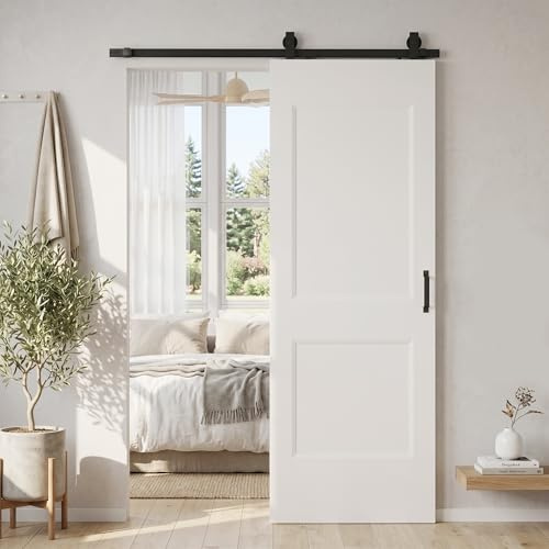 HOMCOM Porta Scorrevole Esterna 76.2x213.4cm, Superficie Verniciata, Binario Silenzioso Acciaio, Maniglia Migliorata, Kit Ferramenta, Porta Interno Stile Industriale, in Legno Pino, Cucina, Soggiorno