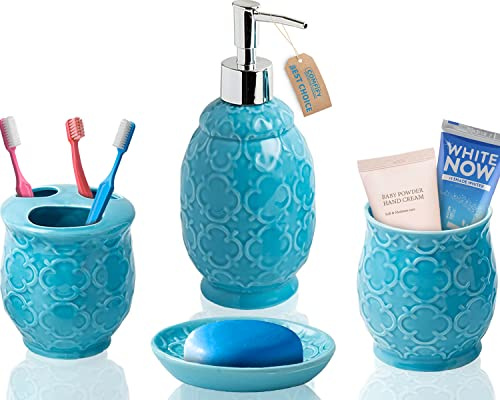 Comfify Designer 4 Keramik Bad Zubehör Set | Inklusive Flüssigseife Oder Lotion Spender w/Zahnbürstenhalter, Becher, Seifenschale | Marokkanische-Gitter Blau