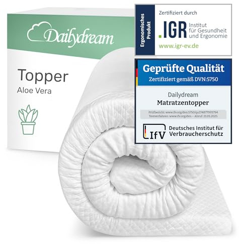 Dailydream Topper matrimoniale piccolo 140x190 cm memory foam, altezza 5 cm, «Edition Aloe Vera, Model M », Topper per materasso, divano letto o letto da campeggio, Coprimaterasso confortevole