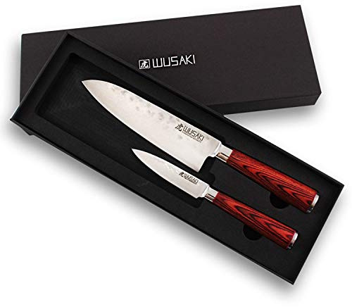 Wusaki Pakka X50 Coffret 2 pièces - Couteaux de Cuisine avec Lames martelées en Acier INOX - Manches en Pakkawood