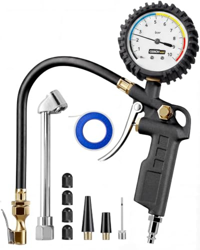 GERCHWAY Manomètre Pression Pneu 0-10 Bar, Pistolet Gonfleur Pneus Auto | Précision ±2%, Grand Cadran Phosphorescent, Embout 360°, Raccord ¼ NPT, Sans Piles, Tuyau 40cm Flexible, Métal, Outil 3-en-1