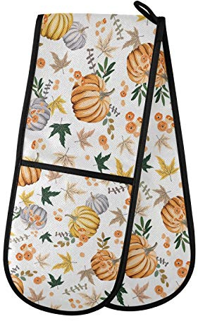 ZZXXB Autumn Pumpkin Maple Leaf Double Oven Mitt Heat Resistant Non-Slip Kitchen Gloves Extra Long 7 x 35 for Cooking Baking Barbecue Grilling