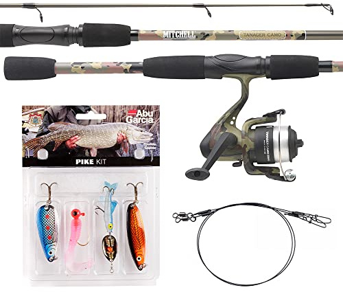 Mitchell Tanager Camouflage kit Complet Canne et Moulinet avec Fil et leurres prêt à pêcher Le Sandre, Le brochet et la Perche 2,42 m 10/30 g Ensemble Moyen