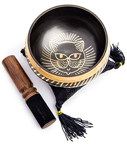 Tibetische Klangschalen-Set – einfach zu spielen, mit Katzen-Design, Meditation, Achtsamkeit, 7 Chakra-Klang, Heilung, handgearbeitetes Geschenk von Himalaya Bazaar