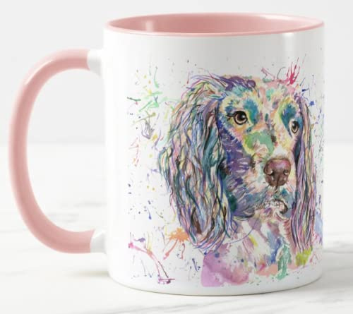 Vixar Spaniel Springer Dog Pet Watercolour Rainbow Art Coloured Mug Cup Gift Birthday Work Office Christmas Tea Coffee (Pink)