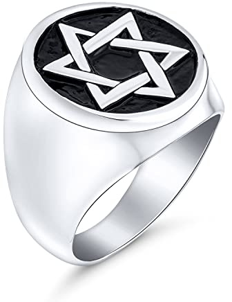 Bling Jewelry Anpassa stort uttalande stor religiös magen judisk Hanukkah davidsstjärna för män för bar Mitzvah rund signalband ring för män oxiderad silverton rostfritt stål, Övrigt,