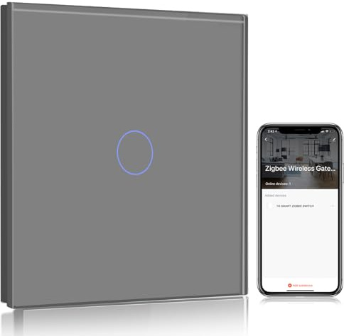 BSEED Smart ZigBee Lichtschalter, ZigBee Wandschalter Kompatibel mit Alexa und Google Home, 1 fach 1 Weg Unterputz Schalter mit Kristall Glaspanel 250V Grau(Hub erforderlich)