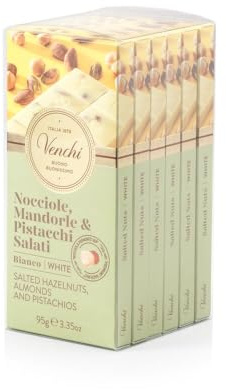 Venchi – Set of 6 White Chocolate Bars with Salted Nuts, with only PGI Piedmont Hazelnut, Pistachios and Almonds, 132,25 lb, Gluten-Free, Dye-free and Preservative-Free, Gift Idea
