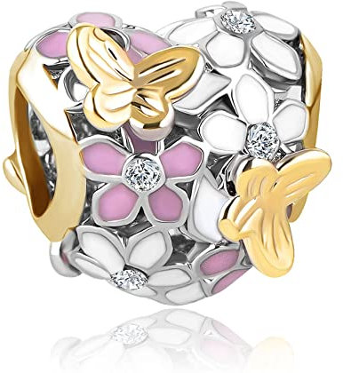 LSxAB Heart Gold Tone Butterfly and Flower Charm Compatible with Pandora Charms Bracelets