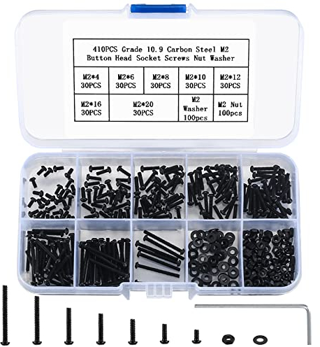 410 pièces M2 Vis à tête fraisée à six pans creux, acier au carbone de classe 10,9, vis à filetage complet, écrous et rondelles assortis avec clés Allen (noir)