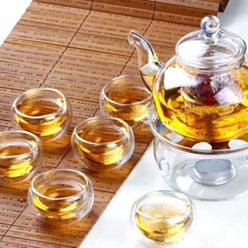 Juego de Tetera para Infusiones de Vidrio de Borosilicato, Resistente al Calor, 6 Tazas de Té de Doble Pared