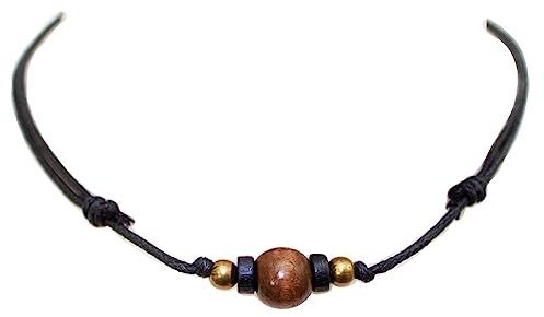 Mens Beaded Cord Choker Simple Necklace for Him Minimalist Black Faux Leather Thong with Wood Beads
