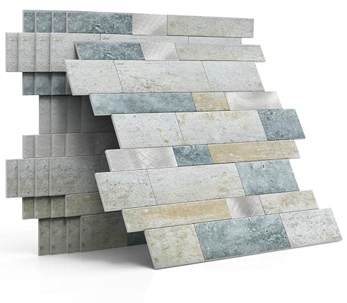 M MOFIT 3d Selbstklebende Wandfliesen Küche,Matte Marmor Mosaikfliesen Selbstklebend Steinoptik Metro Fliesen Ziegel Wandaufkleber Bad Wasserdichte(10 Matten,Blau Grün Grau）