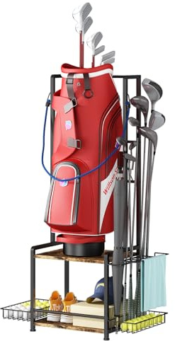 GILLAS Golftaschen-Aufbewahrung, Garagen-Organizer, 2-stöckig, Golftaschen-Organizer, Ständer, Holz, Golfschläger-Tasche, Organizer, Einzelstück, Golfausrüstung, Zubehör, Club, Schuppen, Keller