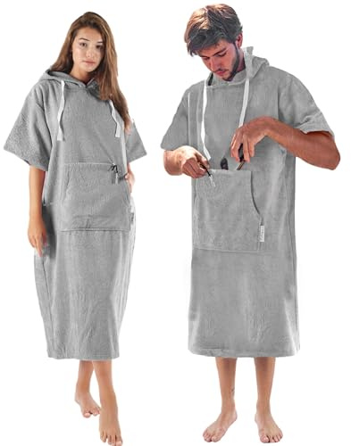 CalmyBEACH Frottee Badeponcho Damen Herren - Surf Poncho 100% Baumwolle Strandponcho mit Reißverschlussfach Kapuze Umziehhilfe Strand Bademantel