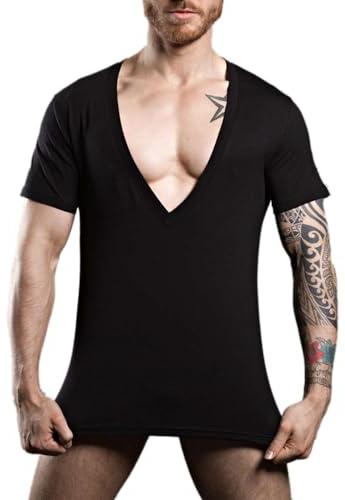 Camiseta Hombre Modal Suave Manga Corta Cuello V Profundo Corte Ajustado | elástico elegante，Camiseta casual con gran elasticidad, cómoda de llevar para el día a día y planes nocturnos