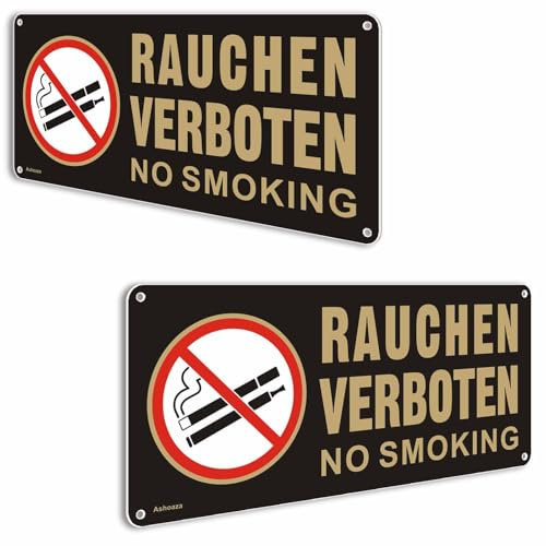 Rauchen Verboten Schild (No Smoking) | 2 Stück Rauchverbot Schild Metall Aluminium | 29x13cm Ashoaza Verbotszeichen Rauchen mit Selbstklebend und 4 Bohrlöcher | UV-Schutz und witterungsbeständig