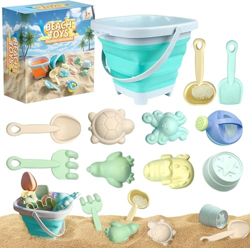 Skeadex Sandspielzeug Strandspielzeug Kinder, 11pcs Sandspielzeug Set, Sandkasten Spielzeug mit Faltbarer Eimer, Schaufel, Sandförmchen, Gartenspielzeug ab 1 2 3 4 5 Jahre Mädchen Junge Geschenke (A)