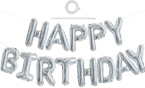 TONIFUL Laser Silver Happy Birthday Banner 16 Inch Mylar Foil Letters Sign Bunting Reusable for Kids & Adults Birthday Decorations and Party Supplies