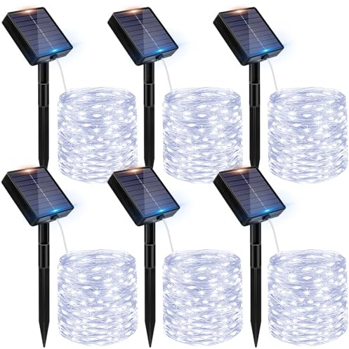 Peasur 6 Stück Solar Lichterkette Outdoor, 3x12M 120 LED Lichterkette Außen | IP65 Wasserdicht Kupferdraht Lichterkette Aussen, 8 Modi Solarlichterkette für Balkon Garten Party Hochzeit Deko, Kaltweiß